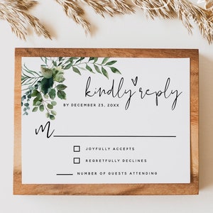 Eucalyptus Greenery Wedding RSVP Card Template, Greenery Wedding RSVP Cards, Kindly Reply Cards, Editable Template, Instant Download, G5