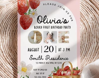 Editable Photo Berry First Strawberry Birthday Invitation Template | Red Strawberry Birthday Invite | Photo Berry Sweet Birthday Invite | B3