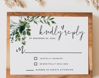 Plantilla de tarjeta de respuesta a la boda con vegetación de eucalipto, tarjetas de respuesta a la boda con vegetación, tarjetas de respuesta amable, plantilla editable, descarga instantánea, G5