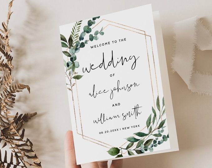 Greenery Wedding Folded Program Card Template, Gold Greenery Wedding, Printable Program Card, DIY Editable Template, Instant Download, G5