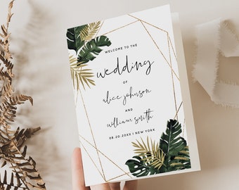 Tropical Greenery Wedding Folded Program Card Template, Monstera Wedding, Printable Program Card, Editable Template, Instant Download, TG1