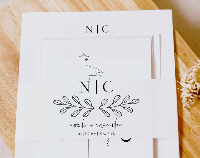 Invitation Bellyband Template, Modern Elegant, Wedding Bellyband, Belly Band Template, Minimalist, Editable Template, Instant Download, M15