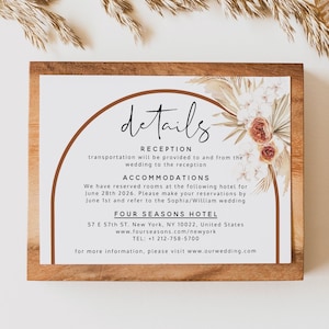 Modelo de cartão de detalhes de terracota Pampas, modelo de cartão de acomodações de casamento boho moderno, cartão de detalhes de casamento, download instantâneo, T4