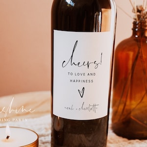 Sjabloon wijnetiket, elegante bruiloft, Proost op de liefde, Proost op geluk, wijnetiketten, bewerkbare wijnetiketten, gepersonaliseerd wijnetiket, M15