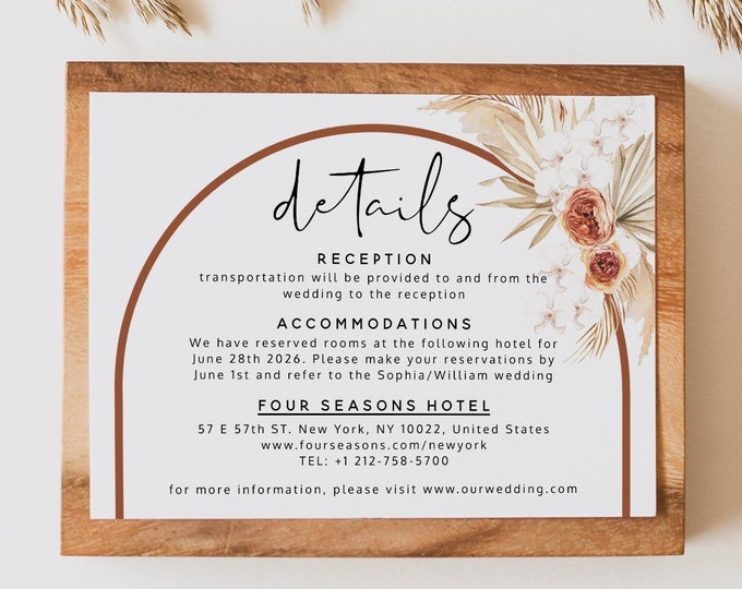 Pampas Terracotta Details Card Template, Modern Boho Wedding Accommodations Card Template, Wedding Details Card, Instant Download, T4