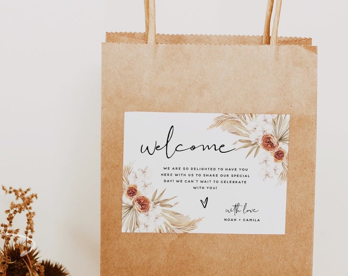 Terracotta Welcome Bag Label Template, Pampas Grass, Welcome Bag Label, Welcome label, Bohemian Wedding, Welcome Cards, Digital Download, T4