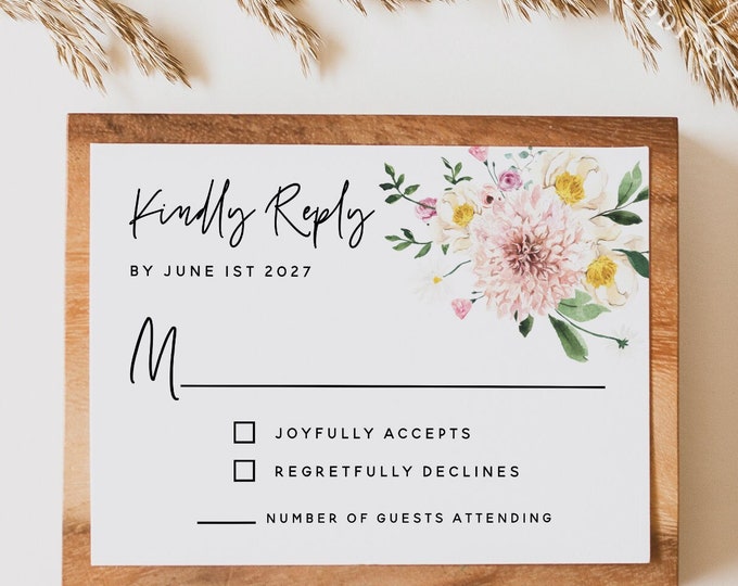 Pink Hydrangea Wedding RSVP Card Template, Garden Wedding Kindly Reply Cards Template, RSVP Template, RSVP Insert, Instant Download, F18