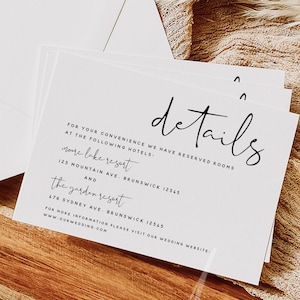 Plantilla de tarjeta de detalles de boda moderna, plantilla de tarjeta de alojamiento de boda minimalista, tarjeta de detalles de boda, descarga instantánea, Templett, M8