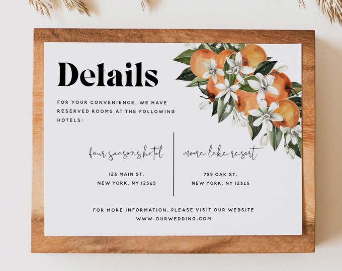 Orange Wedding Details Card Template, Citrus Wedding, Accommodations Card Template, Wedding Printable, DIY Editable, Instant Download, C2