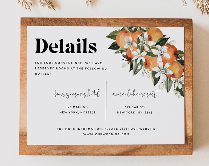 Orange Wedding Details Card Template, Citrus Wedding, Accommodations Card Template, Wedding Printable, DIY Editable, Instant Download, C2