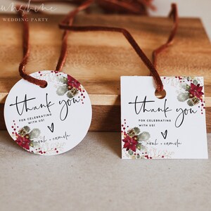 Modello di etichette di ringraziamento per bomboniere di nozze di Natale, etichette di ringraziamento quadrate e rotonde, matrimonio invernale, etichette stampabili, etichette modificabili, F25