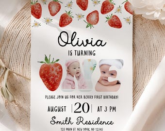 Editable Photo Berry First Strawberry Birthday Invitation Template | Red Strawberry Birthday Invite | Photo Berry Sweet Birthday Invite | B3