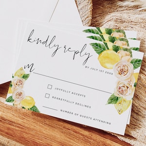 Citrus citroen bruiloft RSVP-kaartsjabloon, bruiloft vriendelijk antwoord kaartsjabloon, antwoordkaarten, bruiloft afdrukbare, DIY bewerkbare, download, L1