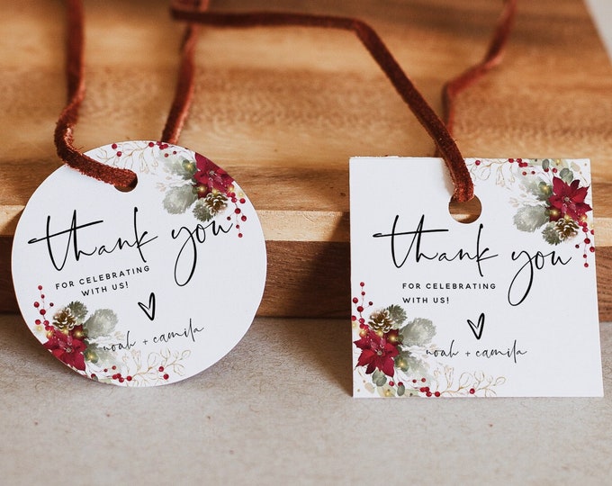 Christmas Wedding Thank You Favor Tags Template, Square and Round Thank You Favor Tags, Winter Wedding, Printable Tags, Editable Tags, F25