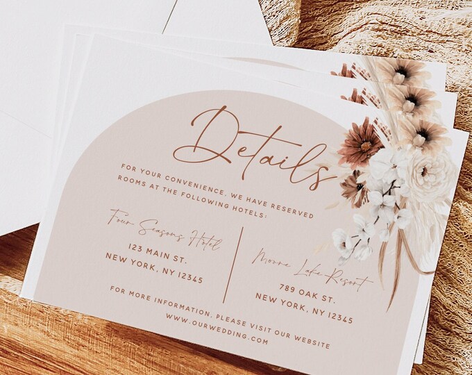 Terracotta Floral Details Card Template, Boho Wedding, Accommodations Card Template, Editable Wedding Details Card, Instant Download, F24