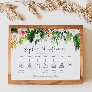 Modèle d'itinéraire de mariage plage hawaïenne, mariage tropical, cartes chronologie, ordre des événements, modèle modifiable, téléchargement immédiat, H1