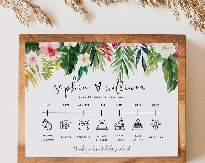 Hawaiian Beach Wedding Itinerary Template, Tropical Wedding, Timeline Cards, Order of Events, Editable Template, Instant Download, H1