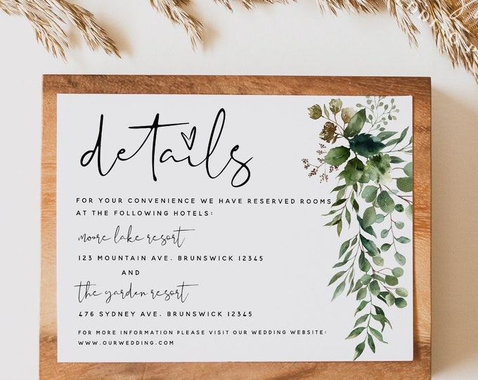 Eucalyptus Greenery Wedding Details Card Template, Accommodations Card Template, Wedding Information Card, Insert Card, Instant Download, G5