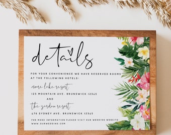 Hawaiian Beach Wedding Details Card Template, Accommodations Card Template, Tropical Wedding, Wedding Details Card, Instant Download, H1