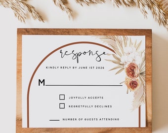 Pampas Terracotta Wedding RSVP Card Template, Modern Boho Terracotta Wedding Kindly Reply Card Template, RSVP Template, Instant Download, T4