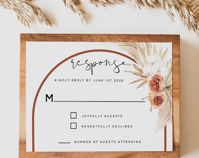 Pampas Terracotta Wedding RSVP Card Template, Modern Boho Terracotta Wedding Kindly Reply Card Template, RSVP Template, Instant Download, T4