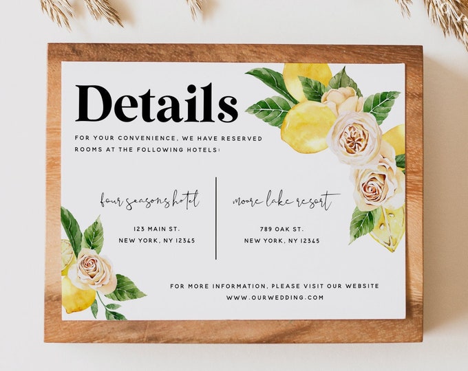 Lemon White Floral Details Card Template, Boho Rustic Wedding, Accommodations Card Template, Printable Details Cards, Instant Download, L1