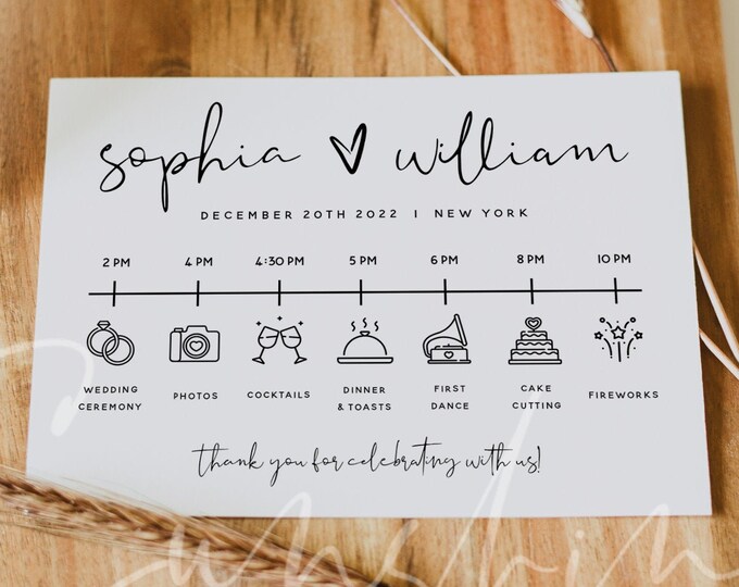 Wedding Itinerary Template, Modern Wedding Timeline Template, Minimalist Itinerary Cards, Order of Events, Instant Download, Templett, M8