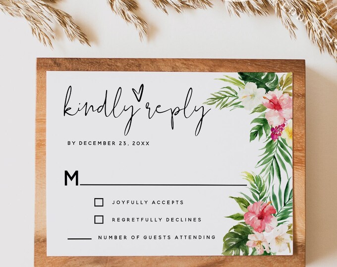 Hawaiian Beach Wedding RSVP Card Template, Tropical Wedding, Kindly Reply Cards Template, RSVP Template, RSVP Insert, Instant Download, H1