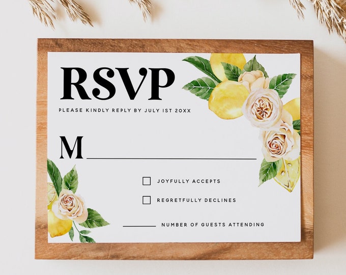 Lemon White Floral RSVP Card Template, Wedding Reply Card, Response Cards, Printable RSVP cards, DIY Editable Template, Digital Download, L1