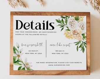 White Rose Floral Details Card Template, Bohemian Wedding, Accommodations Card Template, Printable Details Cards, Instant Download, F27