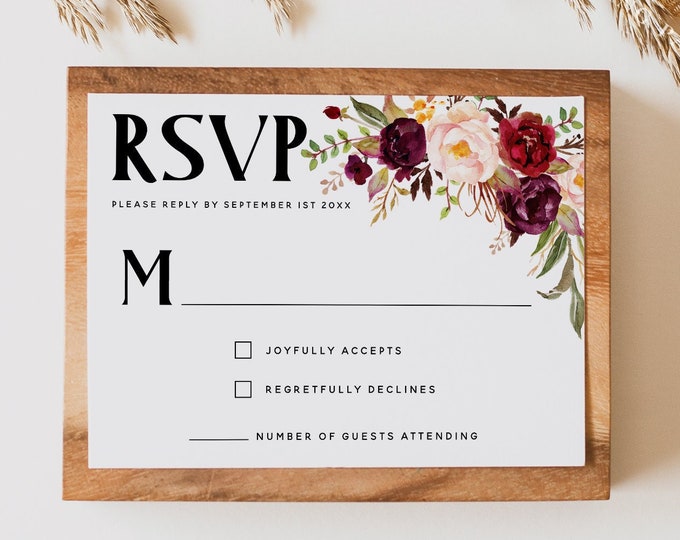 Dusty Pink Burgundy Floral RSVP Card Template, Rustic Wedding, Kindly Reply Card, Response Cards, Printable RSVP card, Editable Template, F2
