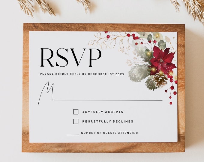 Christmas Wedding RSVP Card Template, Winter Wedding, Christmas Flower, Kindly Reply Cards, Printable RSVP Cards, Editable Template, F25