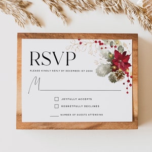 Plantilla de tarjeta de respuesta de boda navideña, boda de invierno, flores navideñas, tarjetas de respuesta amable, tarjetas de respuesta imprimibles, plantilla editable, F25