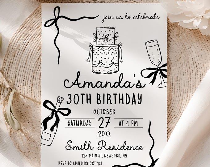 Adult Birthday Party Invitation Template | DIY Editable 30th Birthday Party Invite | Whimsical Handwritten Bow Tie | Instant Download | W2