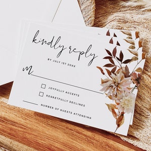 Fall Floral Wedding RSVP Card Template, Wedding Kindly Reply Card Template, Response Cards, Wedding Printable, DIY Editable, Download, F29