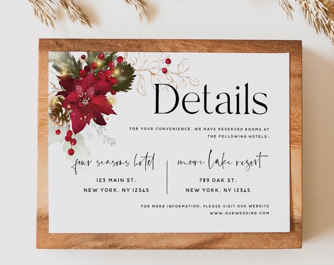 Christmas Wedding Details Card Template, Winter Wedding, Christmas Flower, Accommodations Cards, Information Cards, Editable Template, F25