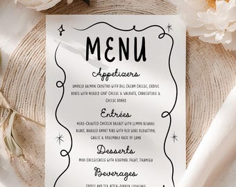 Editable Menu Template | Printable Wedding Reception Menu Card | Modern Handwritten Dinner Menu | Whimsical Wedding | Instant Download | W2