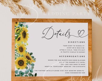 Sunflower Eucalyptus Wedding Details Template, Floral Printable Accommodations Card, Editable Information Card Instant Download Templett F13
