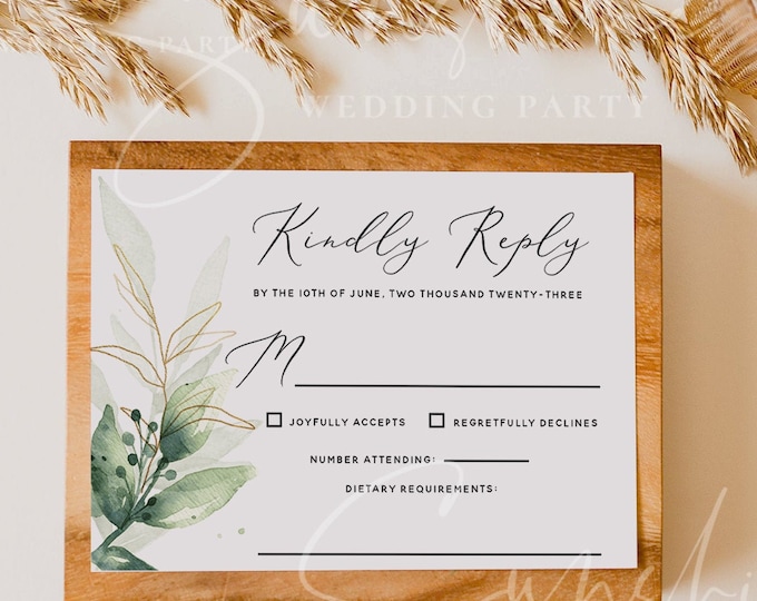 Eucalyptus Wedding RSVP Template, Greenery Gold Printable Wedding RSVP Card, Editable RSVP, Boho Rustic Wedding Instant Download Templett G1