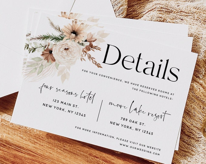Boho Floral Wedding Details Card Template, Elegant Wedding Accommodations Cards, Bohemian Wedding Information Cards, Editable Template, F21