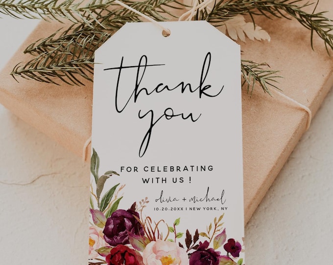 Wedding Thank You Tag Template: Boho Dusty Pink Burgundy Floral, Printable Gift Tag, Editable Template, Digital Download | F2