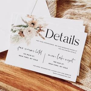 Modèle de carte de détails de mariage floral bohème, élégantes cartes d'hébergement de mariage, cartes d'informations de mariage Boho, modèle modifiable, F21