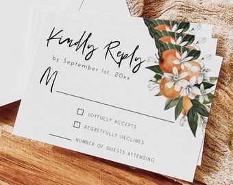 Orange Wedding RSVP Card Template, Response Cards, Citrus Wedding Reply Card, Printable RSVP cards,  Editable Template, Digital Download, C2