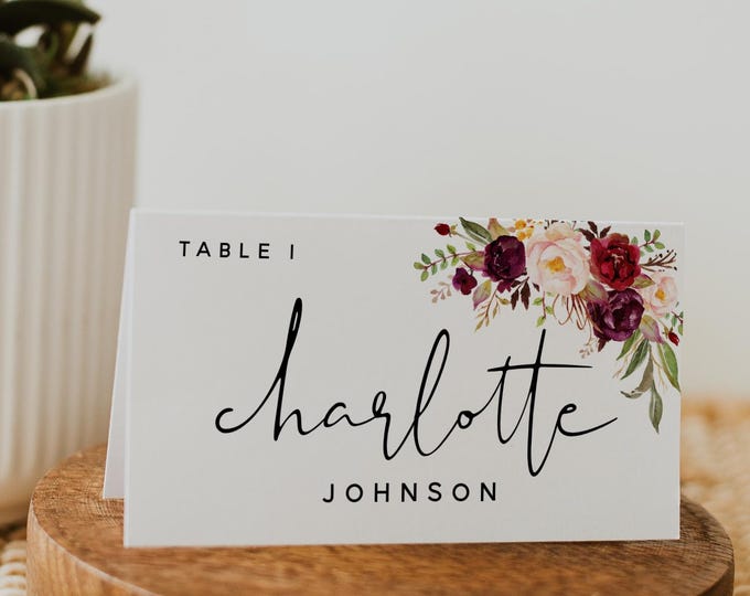 Boho Dusty Pink Burgundy Place Card Template | Floral Wedding Escort Card | Printable Name Card | Editable Seating Card Template | F2