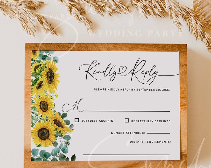 Sunflower Eucalyptus Wedding RSVP Template, Printable Wedding RSVP Card, Editable RSVP, Boho Floral Wedding, Instant Download, Templett, F13