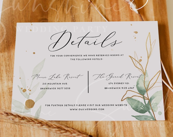 Eucalyptus Wedding Details Template, Greenery Gold Printable Accommodations Card Editable Information Card, Instant Download, Templett, G1