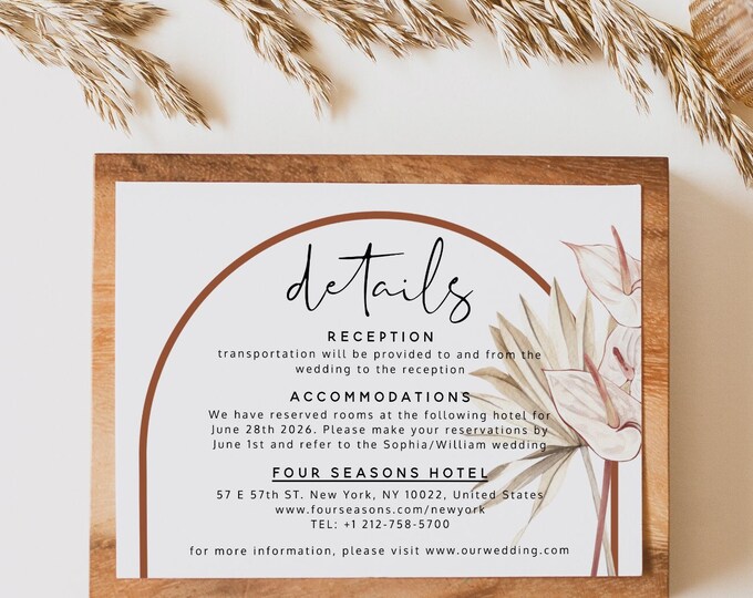 Terracotta Boho Details Card Template, Modern Wedding Accommodations Card Template, Wedding Details Card, Instant Download, T4