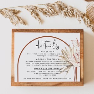 Modelo de cartão de detalhes Boho Terracota, modelo de cartão de acomodações de casamento moderno, cartão de detalhes de casamento, download instantâneo, T4