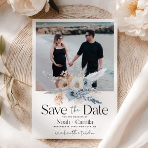 Rustieke blauwe bloemen Save the Date-sjabloon | Fotohuwelijksuitnodiging | Bewerkbare directe download | Afdrukbaar Templett | Boho-strandbruiloft | F23