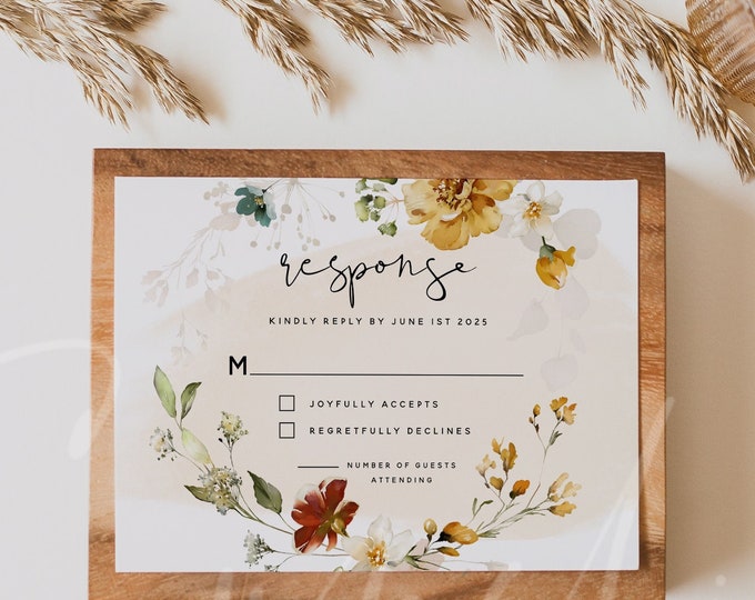 Marsala Wedding RSVP Card Template, Garden Flowers Wedding Kindly Reply Card Template, Floral RSVP Template, Instant Download, Templett, F16